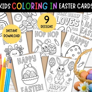 9 x Kinder Osterausmalkarten! DRUCKBARE Osterkarte für Kinder, "Frohe Ostern!" Kinder DIY Osterkarten-Bundle, Ostern Farbkarten, 5 x 7 ZOLL