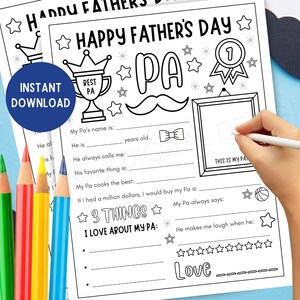 以下が含まれることがあります： 白黒印刷可能な父の日アクティビティシート。記入欄があります。「Happy Father's Day」、「Best Pa」、「Instant Download」の文字が含まれています。白いペンでシートに書き込んでいる手。色鉛筆が隅にあります。