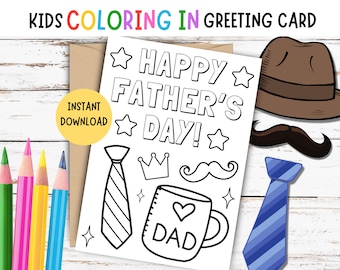 Kids Coloring Father's Day Card - PRINTABLE Father's Day Coloring Card, Card For Dad, Daddy, DIY Father's Day Card, Happy Father's Day Card