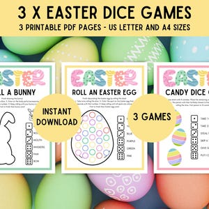 May include: Three printable Easter dice games for kids. The games include "Roll a Bunny", "Roll an Easter Egg", and "Candy Dice Game".