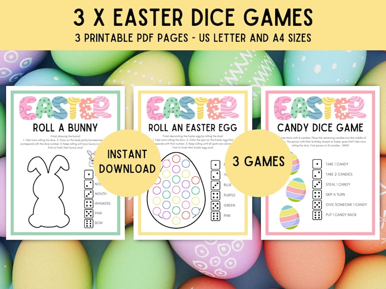 May include: Three printable Easter dice games for kids. The games include "Roll a Bunny", "Roll an Easter Egg", and "Candy Dice Game".