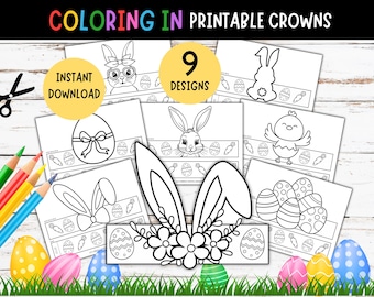 9 x Easter Paper Crowns! PRINTABLE Coloring Crown! Kids Easter Craft, DIY Easter Hat Bundle, Printable Easter Headband DIY Easter Crown Pack
