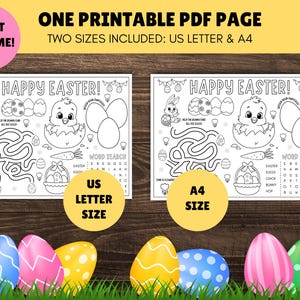 May include: A printable PDF page with two sizes, US Letter and A4, featuring a black and white coloring page with a maze, word search, and Easter-themed illustrations. The page says "Happy Easter!" at the top.