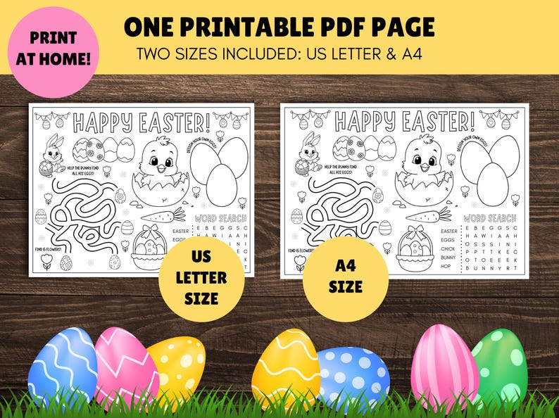 May include: A printable PDF page with two sizes, US Letter and A4, featuring a black and white coloring page with a maze, word search, and Easter-themed illustrations. The page says "Happy Easter!" at the top.