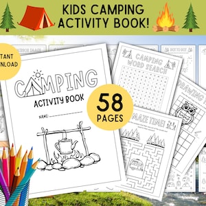 May include: A Kids Camping Activity Book with 58 pages, featuring camping-themed word searches, mazes, and drawing activities. The cover displays a camping scene with a tent and campfire. A pencil holder with colorful pencils is in the foreground.