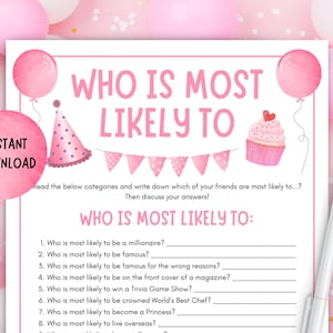 Op de afbeelding: Een roze en witte printbare spelkaart met de tekst "Wie is het meest waarschijnlijk" en een lijst met vragen. De kaart is versierd met roze ballonnen, een cupcake en een feestmuts.