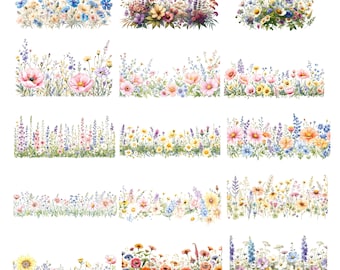 23 PNG Wildflowers Border Clipart, Digital Clipart, Watercolor clipart, Transparent PNG, Digital download, Paper craft, junk journals,