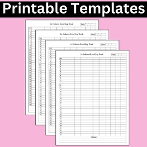 Puede incluir: Cuatro plantillas imprimibles de libro de registro de Excel de 10 columnas. Cada plantilla tiene un encabezado que dice "10-Column Excel Log Book" y un espacio para la fecha. Las plantillas están apiladas una encima de la otra, con la plantilla más grande en la parte inferior y la más pequeña en la parte superior.