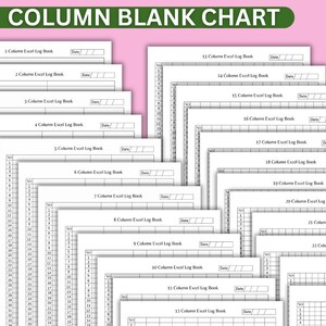 May include: A set of 24 printable blank charts in PDF format, each with a different number of columns, ranging from 1 to 24. The charts are designed for use as Excel log books and are 8.5 x 11 inches in size.
