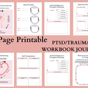 May include: A printable workbook journal with pink and white pages. The journal is designed to help people with PTSD and trauma. The cover features the text "65 Page Printable PTSD/TRAUMA WORKBOOK JOURNAL".