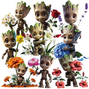 10 PNG Blumen Groot Clipart, Baby Groot mit Blume, süßes Groot PNG für Cricut, Groot Aufkleber Bundle, Groot Sublimation, Kinderzimmer Wandkunst