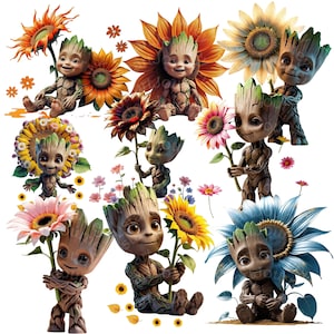 10 PNG Groot mit Sonnenblume, Baby Groot png, Groot png, Groot Clipart, Für Cricut, Groot Für TShirt, Kinderzimmer, Sofort Download