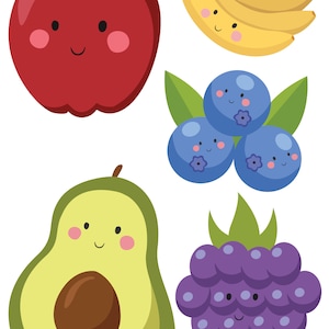 Clipart de frutas lindas: conjunto de imágenes prediseñadas de bayas, manzana, plátano, fruta, imágenes prediseñadas de comida feliz - Descarga instantánea, uso personal, uso comercial, PNG