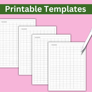 May include: Four printable grid templates with the word "HEADER" at the top of each page. The templates are different sizes and are arranged in a staggered formation. A pink pen is lying on top of the smallest template.