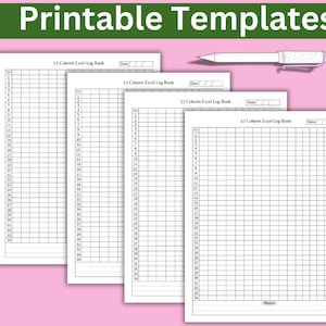 May include: Four printable 17 column Excel log book templates. Each template has a blank grid with numbered rows and columns. The templates are printed on white paper.