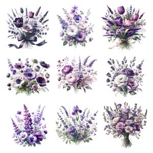Mais de 12 clipart de buquê de flores roxas, floral violeta, clipart de aquarela para impressão, PNG de alta qualidade, download digital, diário de lixo etc.