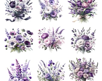 12 Plus Purple Flowers Bouquet Clipart, Violet Floral, Printable Watercolor clipart, High Quality PNG, Digital download, junk journal etc
