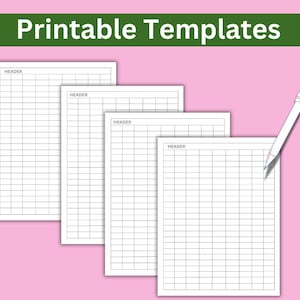 May include: Four printable grid templates with the word "HEADER" at the top of each page. The templates are on a pink background.