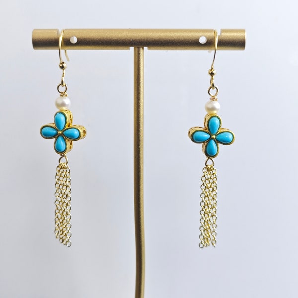 Handmade Unique Artistic Vintage Turquoise Flower Earrings| Trendy Boho Statement Tassel Chain Dangles| Boutique Bespoke Pearl Accent Drops
