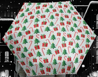 Paraguas navideño blanco para protegerse de la lluvia o del sol. Ideal para el invierno, como regalo para fiestas navideñas, moda festiva acogedora que te mantiene seco