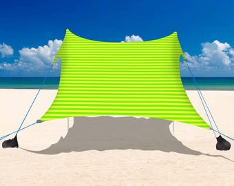 Retro 90s Beach Sun Shade - Green & Yellow Striped Stretch Canopy - Easy Setup 10x10 Travel Beach Shelter