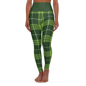 May include: Green and yellow plaid high-waisted yoga leggings.