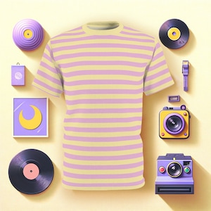90s Striped Shirt, Yellow and Purple Stripes with Matching Yellow Collar, Feel as Fresh as a Prince on Party Night in this Vintage Retro Tee