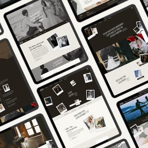 May include: A collection of tablet screens displaying a website for a wedding photography business. The website features images of couples, text about love notes, and a call to action to explore the galleries.