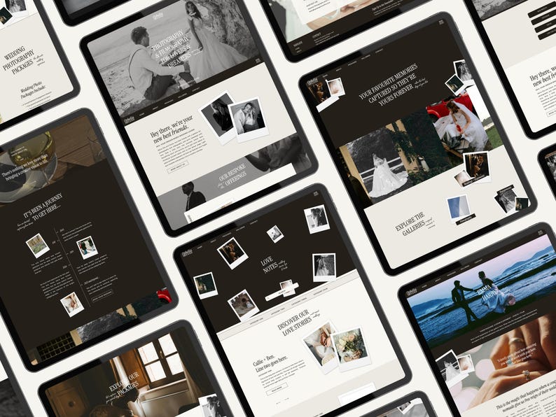 May include: A collection of tablet screens displaying a website for a wedding photography business. The website features images of couples, text about love notes, and a call to action to explore the galleries.