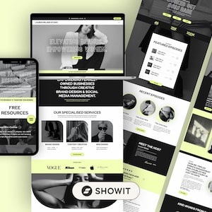 Peut inclure: Une capture d'écran d'un site Web montrant une photo en noir et blanc d'une femme avec le texte "Elevating Brands, Empowering Women." Le site Web présente également une section intitulée "Nos services spécialisés" avec trois options : conception de marque, création de contenu et conception Web. Le site Web est conçu dans un style moderne avec une palette de couleurs noir et blanc.