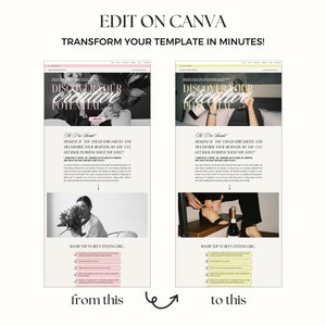 An image showing before and after changing colours and images of the template on canva