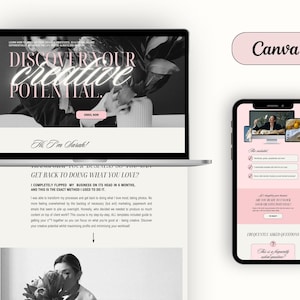 A laptop and phone mockup showcasing a fun, pink sales page template with black and white images