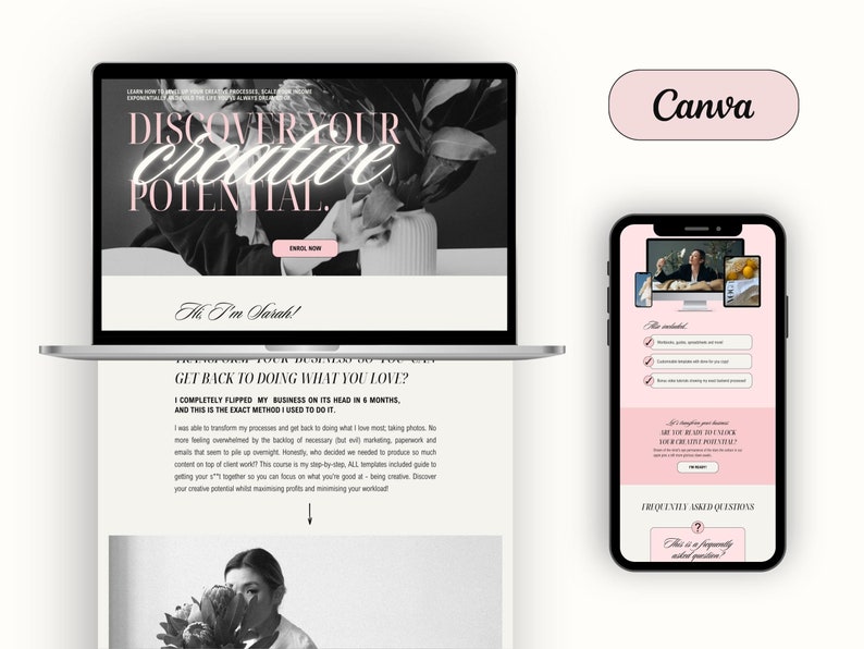 A laptop and phone mockup showcasing a fun, pink sales page template with black and white images