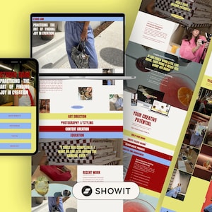 Può includere: Uno screenshot di un sito web che mostra uno sfondo giallo con una sovrapposizione di testo rosso e bianco. Il testo recita "Studio Sam: Esercitare l'arte di trovare la gioia nella creazione". Il sito web presenta anche una galleria di immagini a mosaico, una sezione intitolata "Il tuo potenziale creativo" e una sezione intitolata "Direzione artistica".