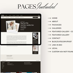 May include: A screenshot of a website showing the different pages included in the website design. The pages include Home, About, Packages, Galleries, Featured Gallery - Couple, Featured Gallery, Contact, Blog/Category/Post, Link-in-Bio, Legal, and Custom 404 Not Found.