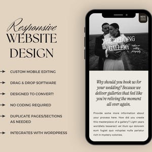 May include: A mobile phone screen displaying a website design for a wedding photography business. The website features a black and white photo of a couple and the text "The Wedding Gallery". The website also includes a description of the business and its services.