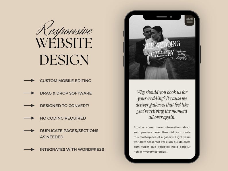 May include: A mobile phone screen displaying a website design for a wedding photography business. The website features a black and white photo of a couple and the text "The Wedding Gallery". The website also includes a description of the business and its services.