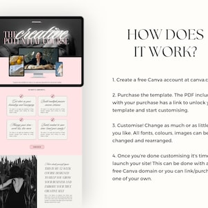 How does the template work? 1. Create a free canva account. 2. Purchase the template. 3. Customise the template. 4. Launch your site!