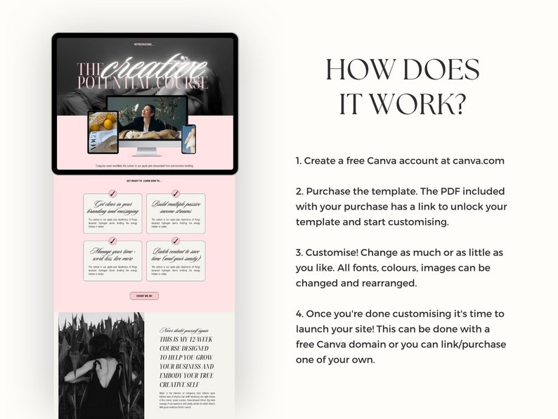 How does the template work? 1. Create a free canva account. 2. Purchase the template. 3. Customise the template. 4. Launch your site!