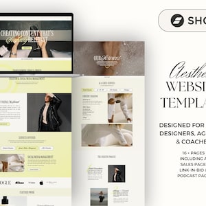 May include: A website template designed for brand designers, agencies, and coaches. The template features a light yellow background with a minimalist aesthetic. The text "Aesthetic Website Template" is displayed in a black cursive font. The text "Designed for Brand Designers, Agencies & Coaches" is displayed in black sans-serif font. The text "16+ Pages Including a Sales Page, Link-in-Bio & Podcast Page" is displayed in black sans-serif font.