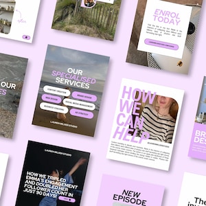 May include: A collection of pink and purple social media graphics with text that reads "Explore Our Services", "Our Specialised Services", "How We Can Help", "Brand Design", "New Episode", and "The Best", along with images of a beach, a woman, and a shelf of products.