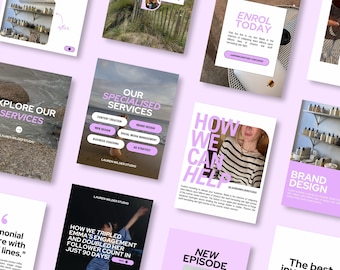 May include: A collection of pink and purple social media graphics with text that reads "Explore Our Services", "Our Specialised Services", "How We Can Help", "Brand Design", "New Episode", and "The Best", along with images of a beach, a woman, and a shelf of products.
