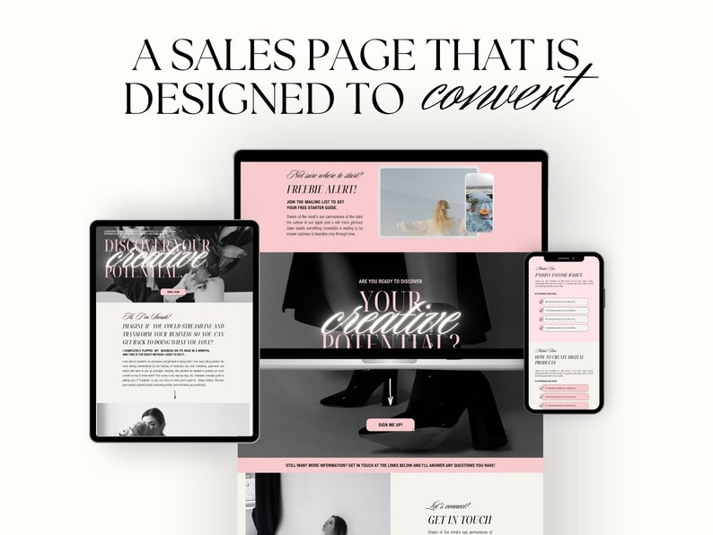 An iPad, Laptop and Phone mockup of the sales page with the text "A sales page that is designed to convert"