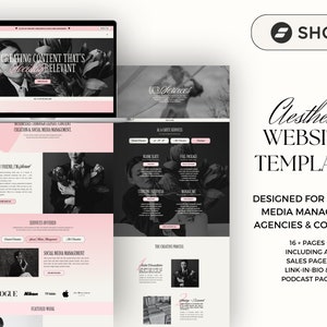 May include: A website template designed for social media managers, agencies, and coaches. The template features a black and white aesthetic with pink accents. The text on the website reads "Creating content that's creatively relevant" and "Our Services". The website also features a section for services offered, including social media management. The website is designed to be visually appealing and easy to navigate.
