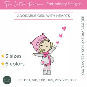 Girl with Hearts Machine Embroidery Design (Instant Download)