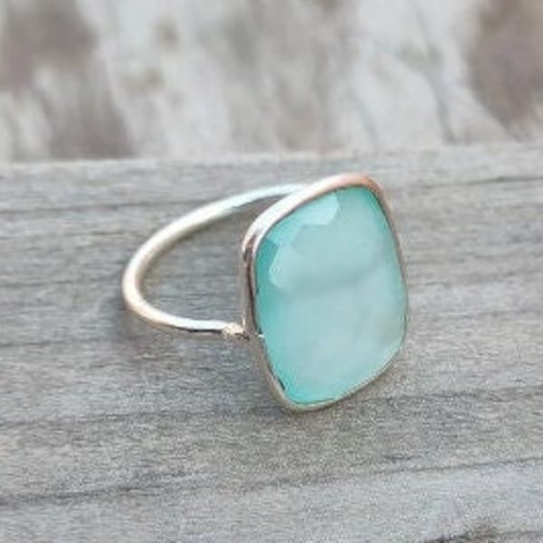 Sommer-Geschenkanhänger, Sommerring, minimalistischer Boho-Statement-Ring – Aqua-Kalzedon-Ring aus Sterlingsilber – Aqua-Chalcedon – Ringe, minimalistisch, Geschenk