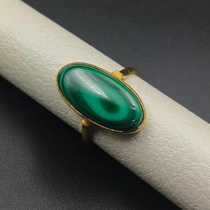 Malachite Green Gemstone 14k Gold Plated Ring, Oval Statement Gemstone Ring, Handmade Ring, Boho Vintage Style Jewelry For Women