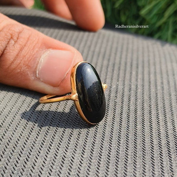 Anel com ônix preto em prata de lei 925 ~ Anel longo em ouro 14k genuíno ~ Anel de noivado feminino com aro fino ~ Anel de compromisso