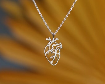 Colgante anatómico del corazón, colgante de plata de ley 925, joyería de órganos humanos, colgante hecho a mano, joyería de biología, regalo para el médico, mamá, ella