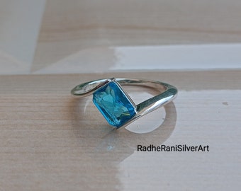 Blue Topaz Ring, Handmade Ring, 925 Silver Ring, Women Ring, Bohemian Jewelry, Natural Blue Topaz, Dainty Ring, Designer Ring, Baguette Ring